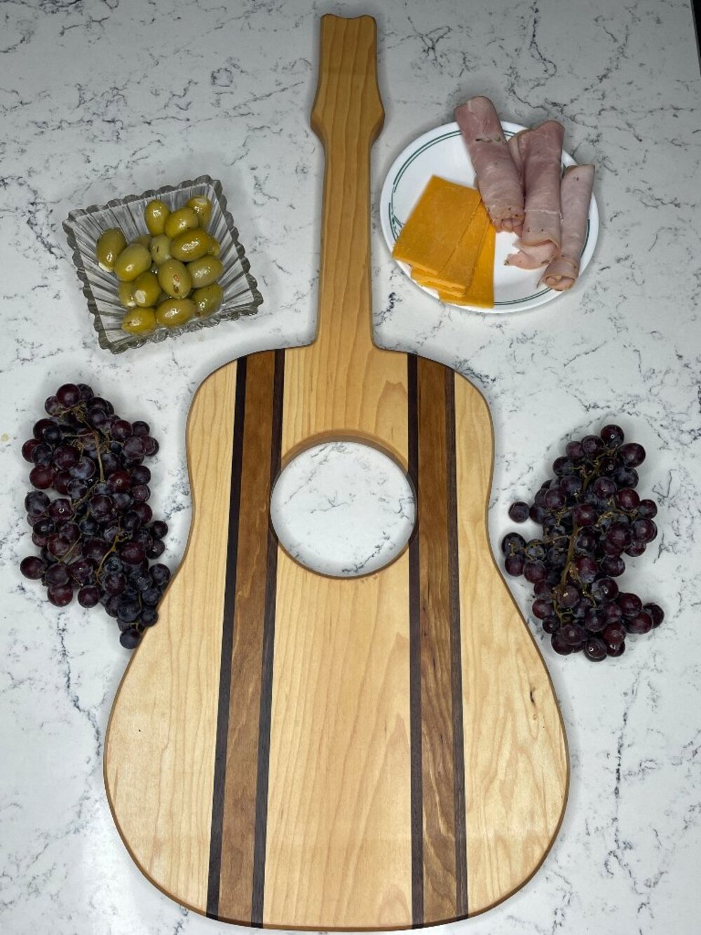 Acoustic Guitar Charcuterie Board w/ Dipping Bowl - Maple w/ Cherry & Walnut